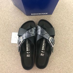Birkenstock Siena Big Buckle Black Python Sandals, NWT